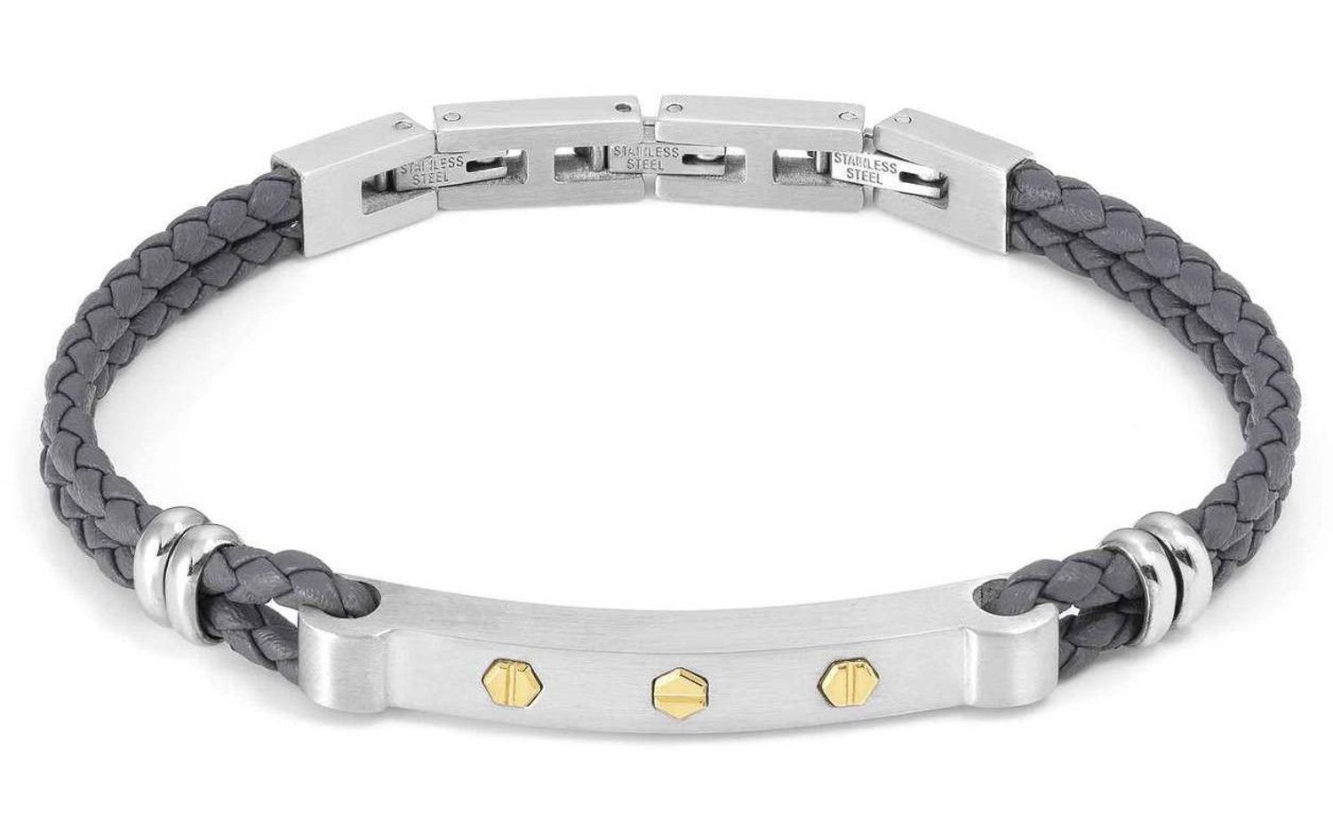 Bransoletka męska Nomination Italy Manvision szara skórzana ze złotymi śrubkami 133003 051.Bransoletka z szarej skóry i stali szlachetnej z eleganckimi detalami w złotym kolorze. Bezpieczne zapięcie na zatrzask ze srebrnej (3).jpg